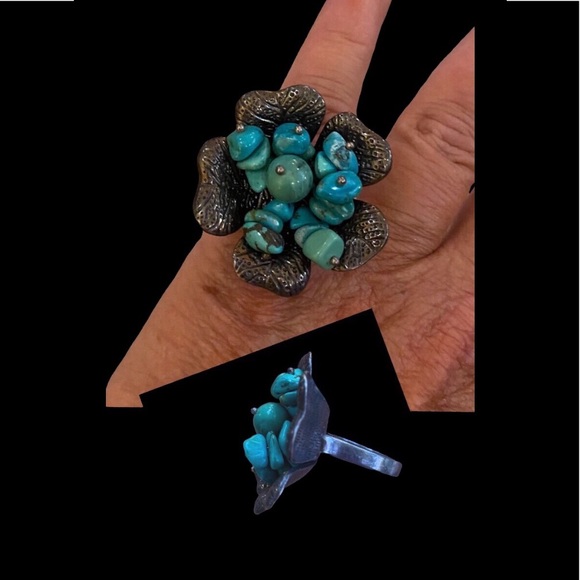 Funky Boho Western Vintage Large Ring Flower Turquoise Silver 925 Sz 7 - Picture 9 of 10